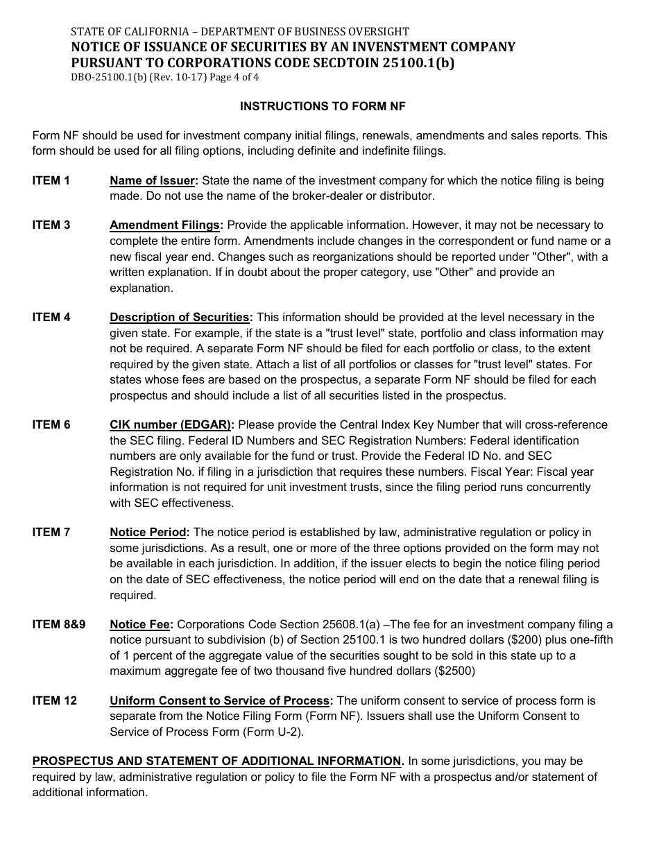 Form DBO-25100.1(B) Notice of Issuance of Securities by an Investment Company Pursuant to Corporations Code Section 25100.1(B) - California, Page 4