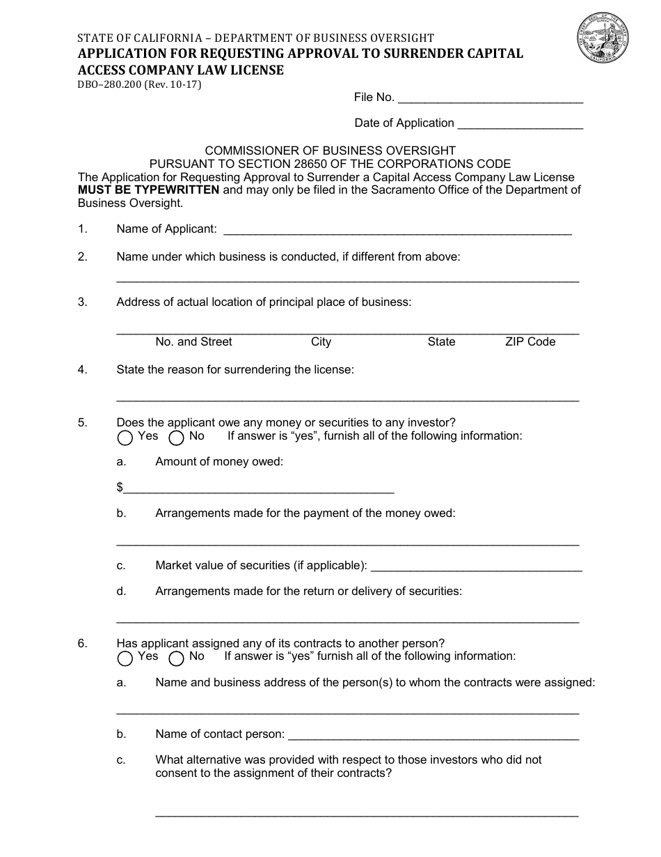 Form DBO-280.200 Application for Requesting Approval to Surrender Capital Access Company Law License - California, Page 1