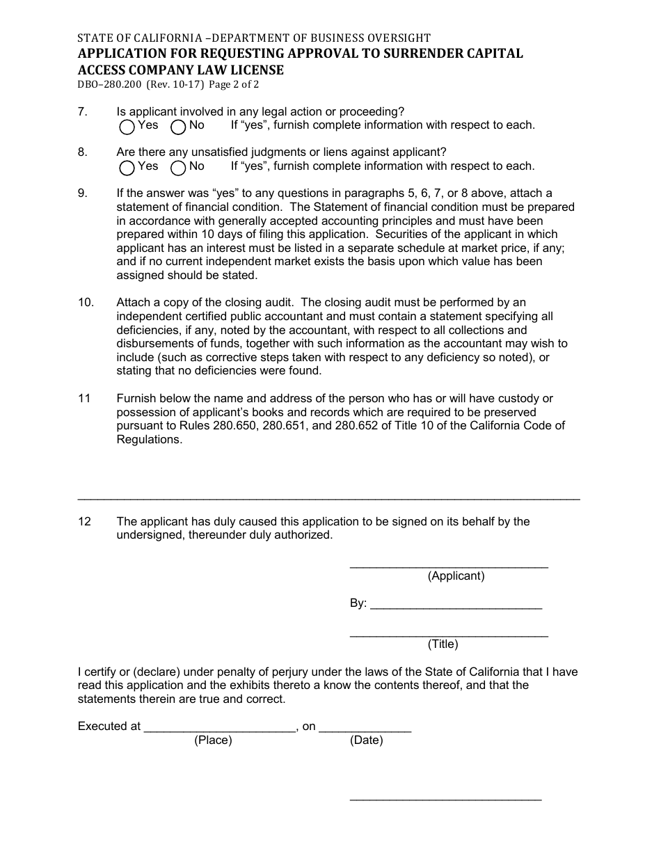 Form DBO-280.200 Application for Requesting Approval to Surrender Capital Access Company Law License - California, Page 2