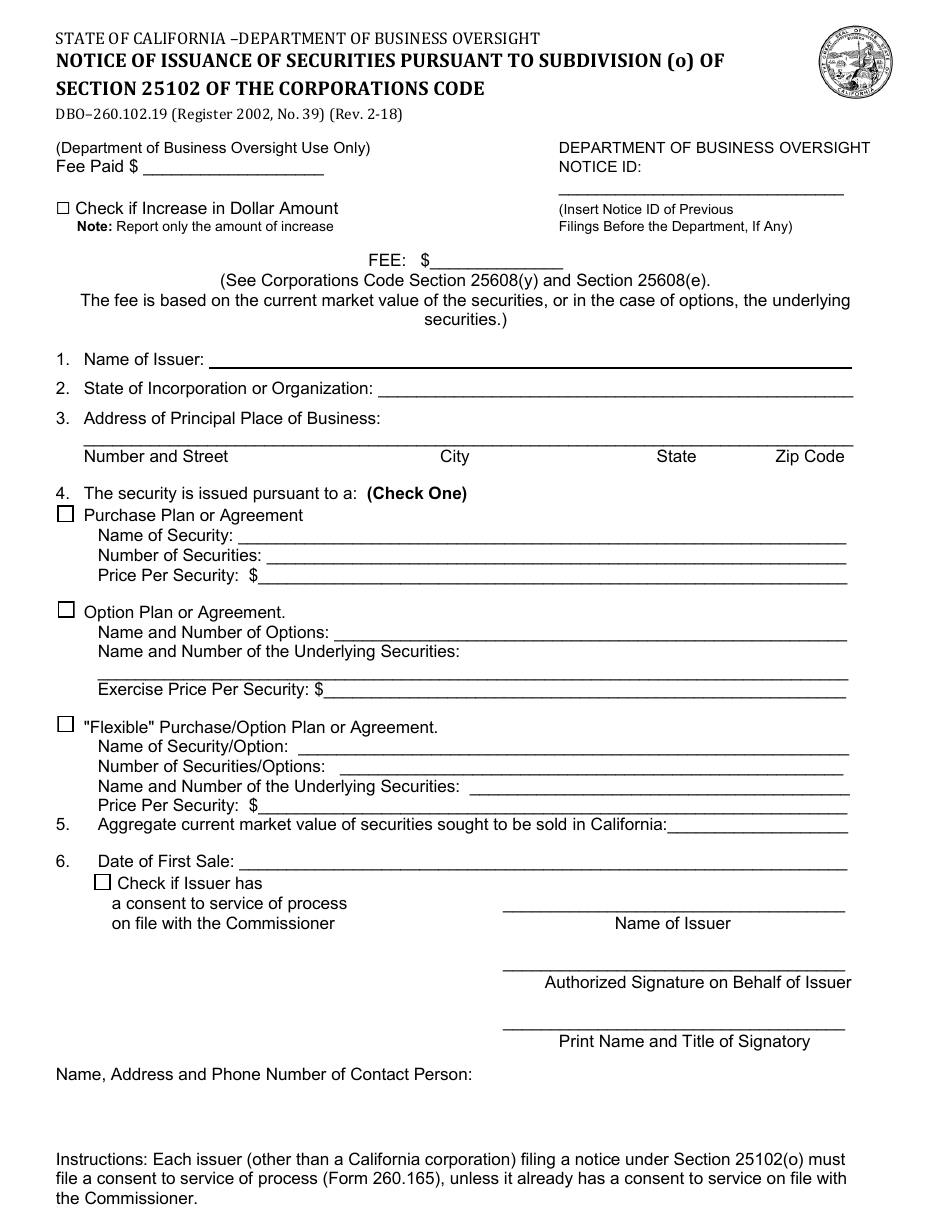 Form DBO-260.102.19 Notice of Issuance of Securities Pursuant to Subdivision (O) of Section 25102 of the Corporations Code - California, Page 1