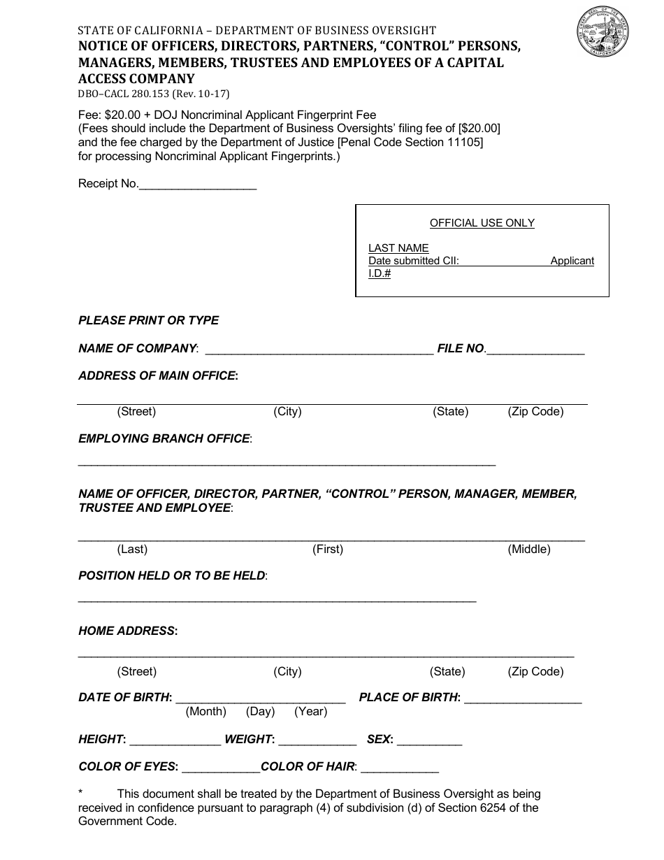 Form DBO-CACL280.153 Notice of Officers, Directors, Partners, control Persons, Managers, Members, Trustees and Employees of a Capital Access Company - California, Page 1