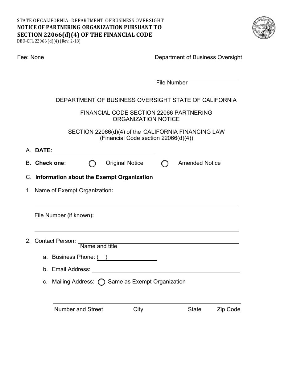 Form DBO-CFL22066(D)(4) Notice of Partnering Organization Pursuant to Section 22066(D)(4) of the Financial Code - California, Page 1