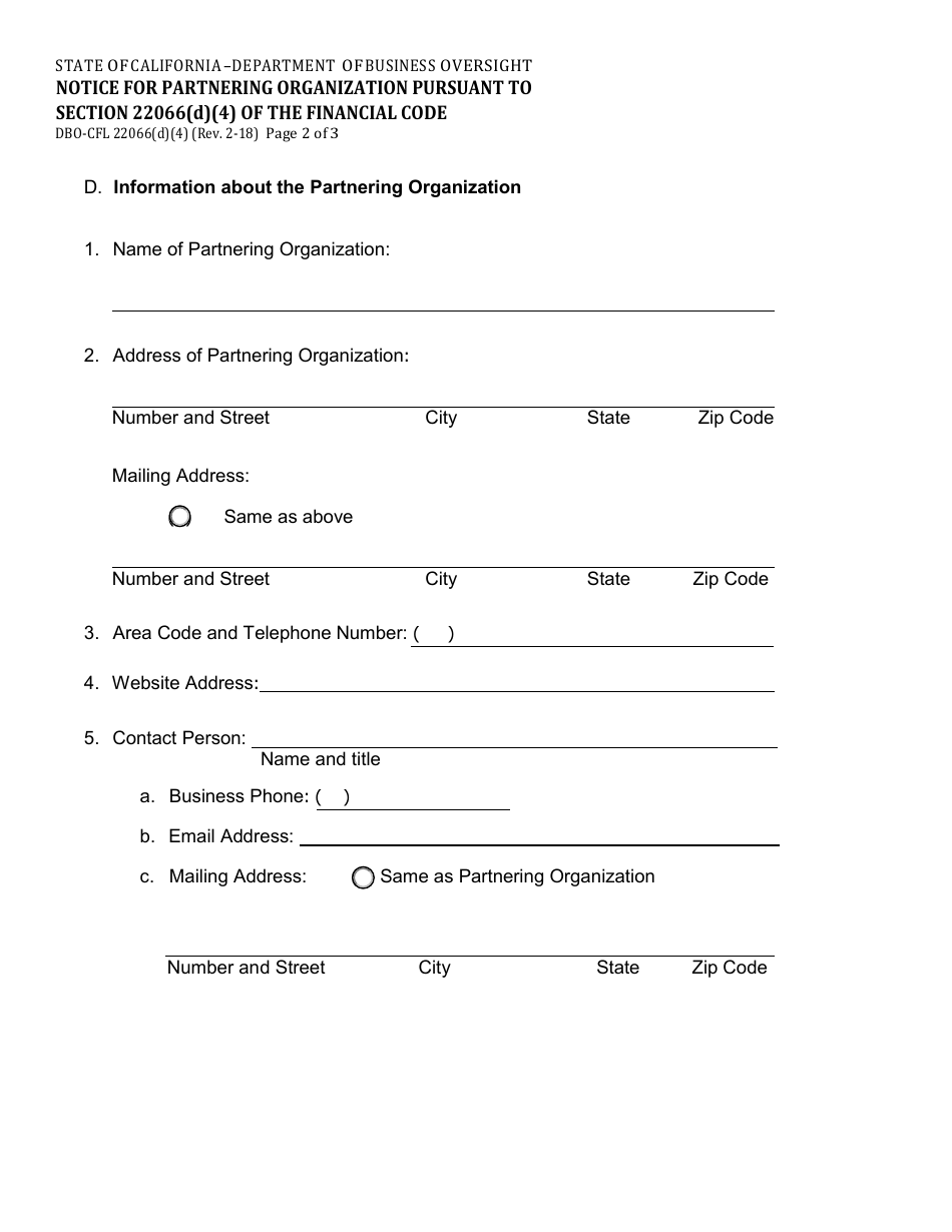 Form DBO-CFL22066(D)(4) Notice of Partnering Organization Pursuant to Section 22066(D)(4) of the Financial Code - California, Page 2