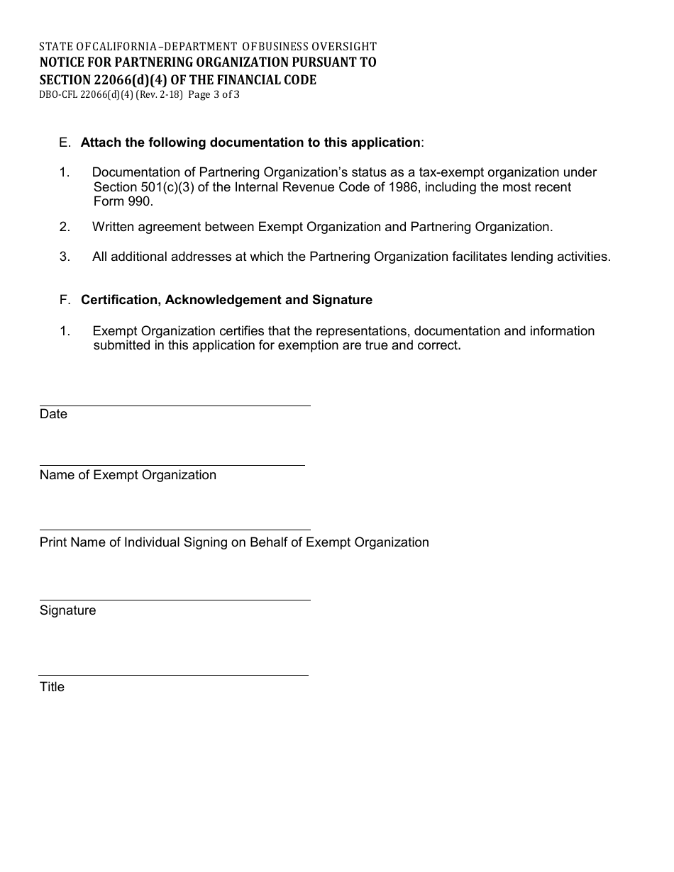 Form DBO-CFL22066(D)(4) Notice of Partnering Organization Pursuant to Section 22066(D)(4) of the Financial Code - California, Page 3