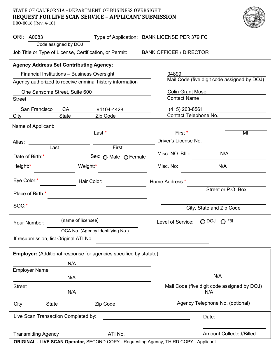 Form DBO-8016 Request for Live Scan Service - Applicant Submission - California, Page 1