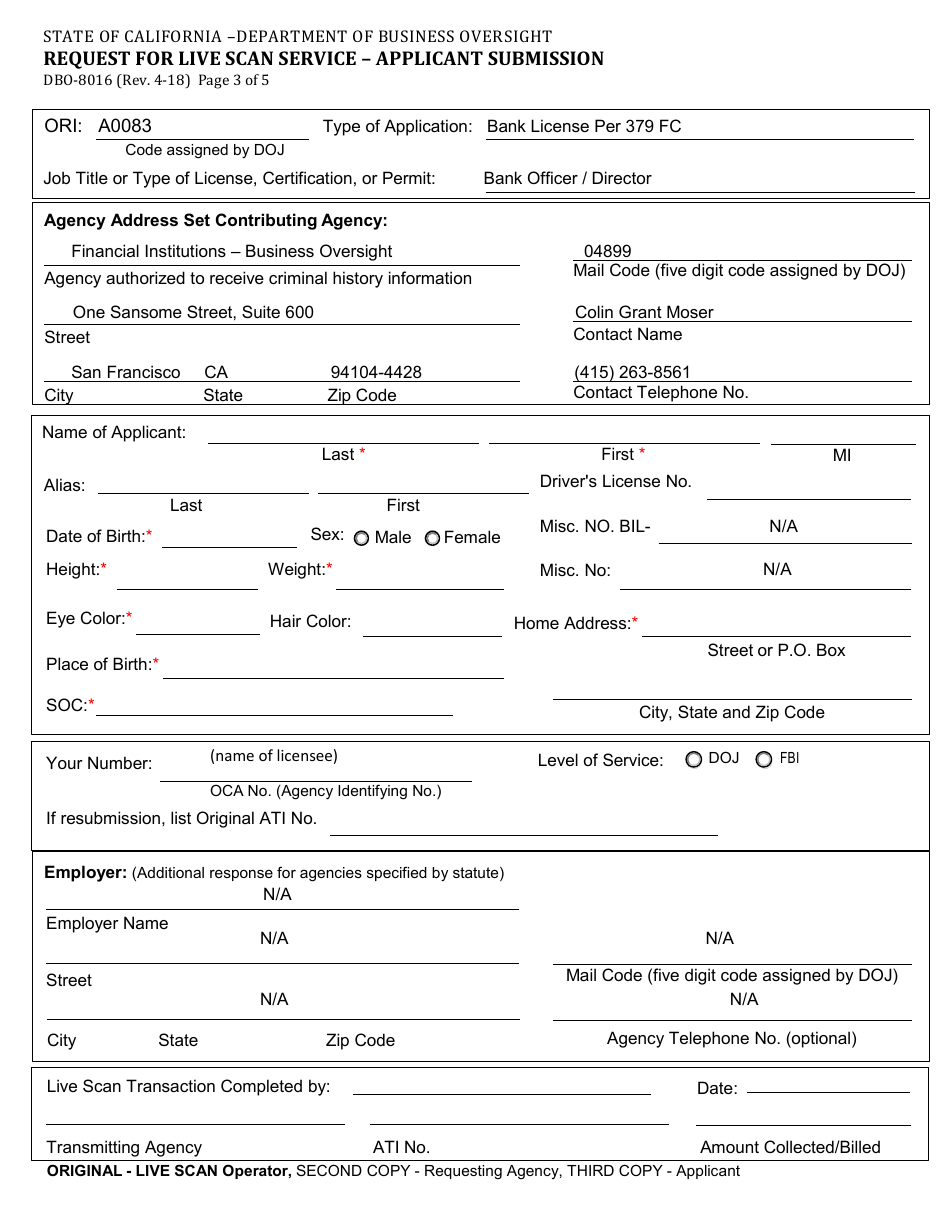 Form DBO-8016 Request for Live Scan Service - Applicant Submission - California, Page 3