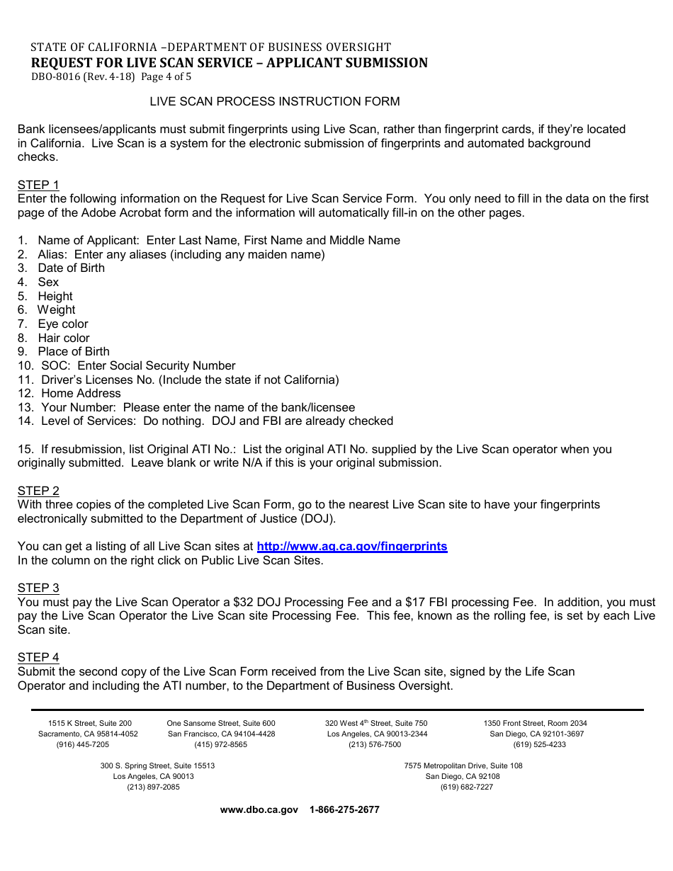 Form DBO-8016 Request for Live Scan Service - Applicant Submission - California, Page 4