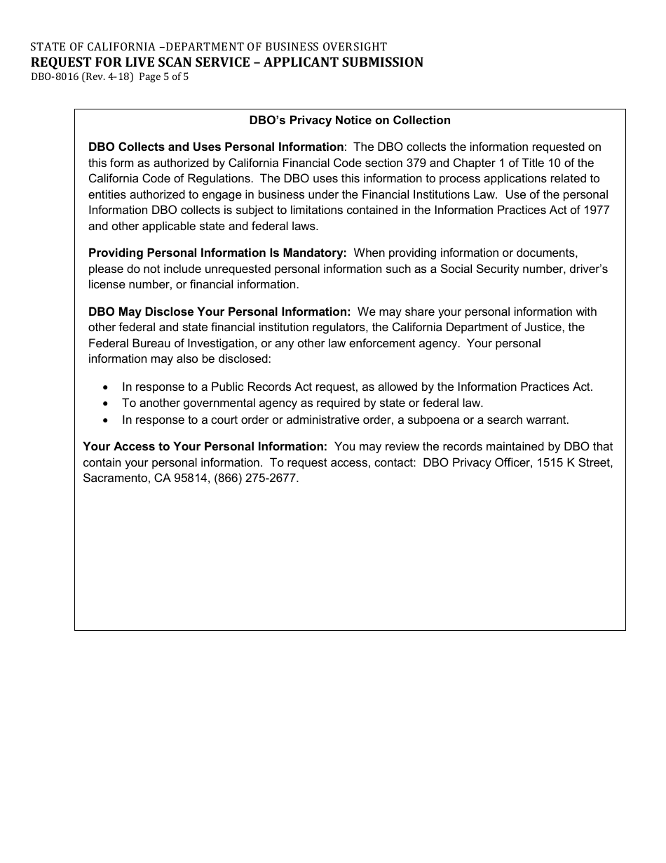 Form DBO-8016 Request for Live Scan Service - Applicant Submission - California, Page 5