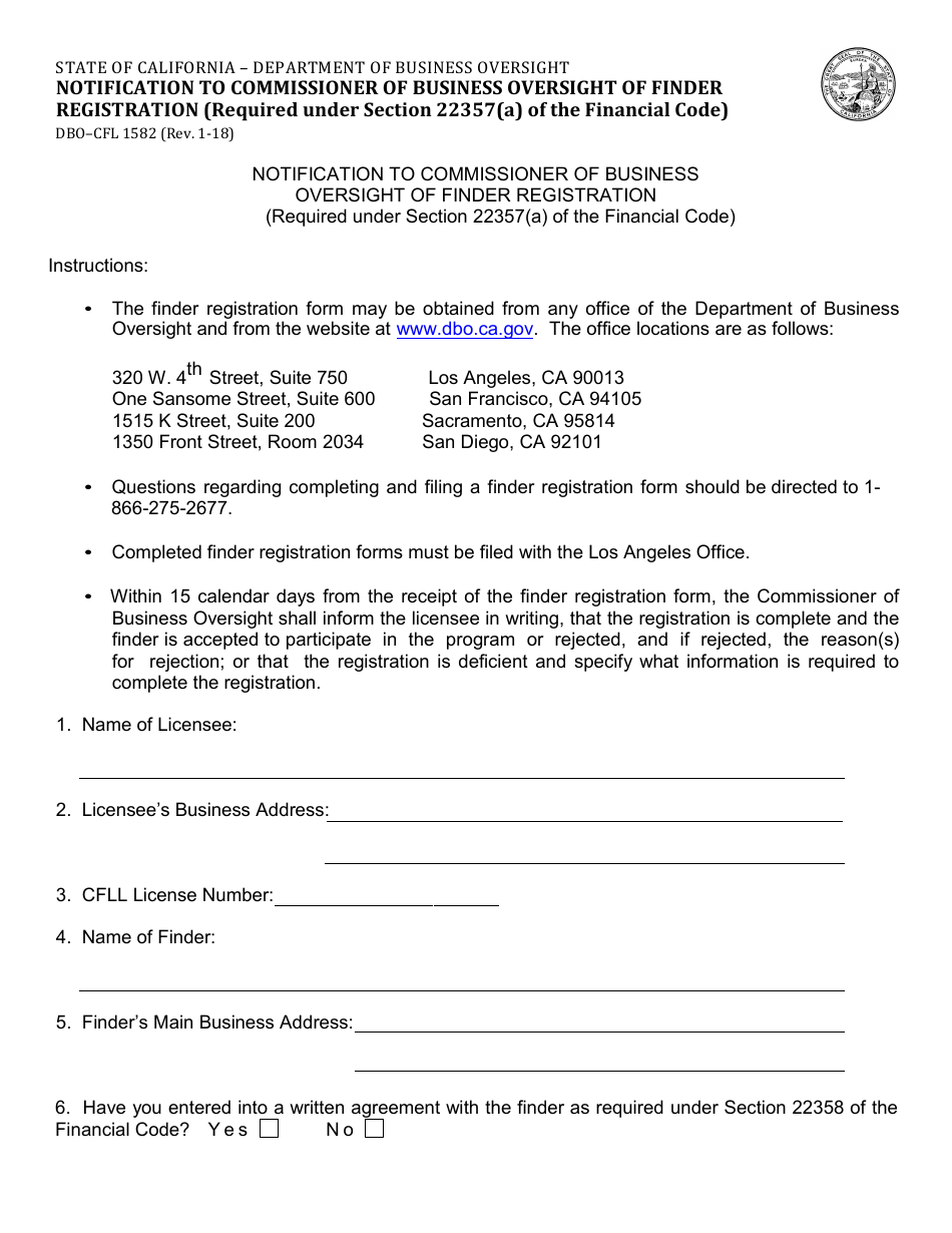 Form DBO-CFL1582 Notification to Commissioner of Business Oversight of Finder Registration (Required Under Section 22357(A) of the Financial Code) - California, Page 1