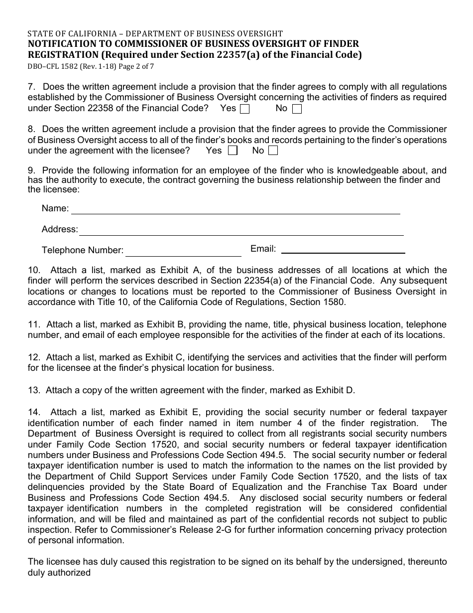 Form DBO-CFL1582 Notification to Commissioner of Business Oversight of Finder Registration (Required Under Section 22357(A) of the Financial Code) - California, Page 2