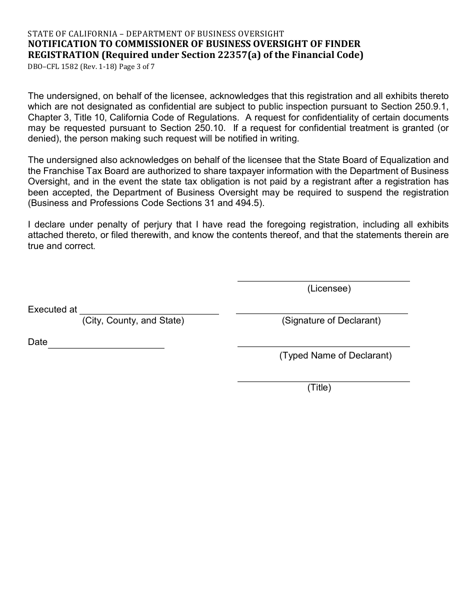 Form DBO-CFL1582 Notification to Commissioner of Business Oversight of Finder Registration (Required Under Section 22357(A) of the Financial Code) - California, Page 3