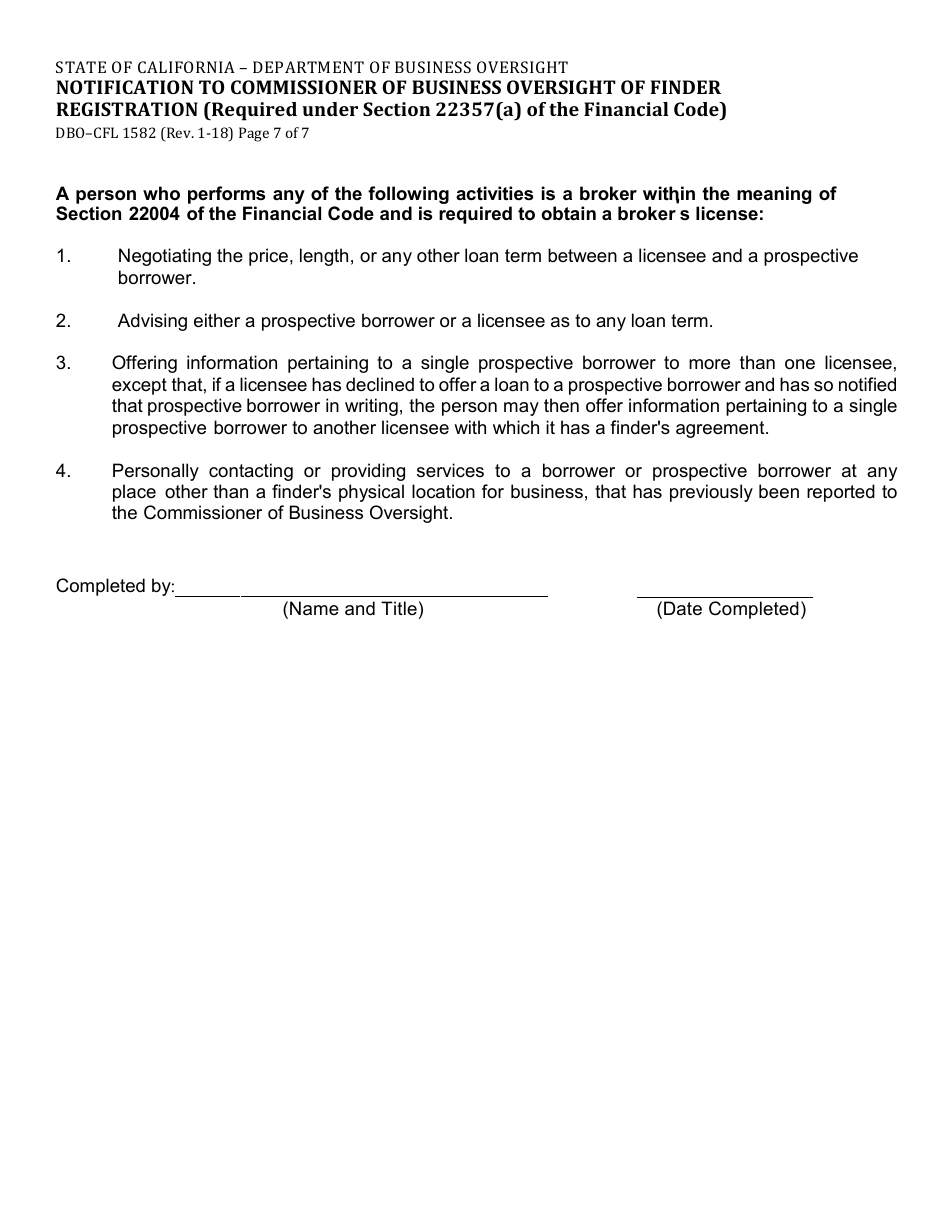 Form DBO-CFL1582 Notification to Commissioner of Business Oversight of Finder Registration (Required Under Section 22357(A) of the Financial Code) - California, Page 7