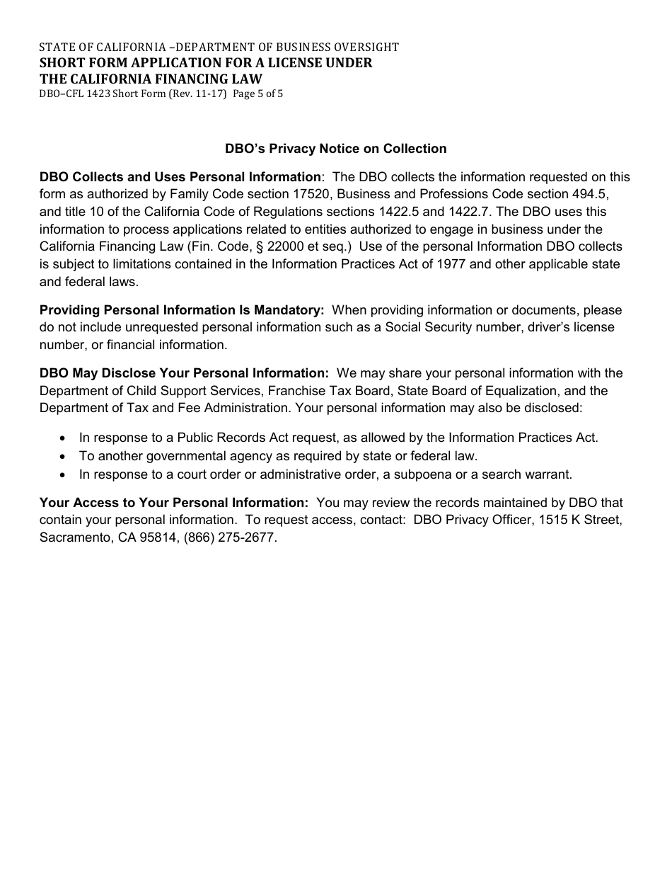 Form DBO-CFL1423 Short Form Application for a License Under the California Financing Law - California, Page 10
