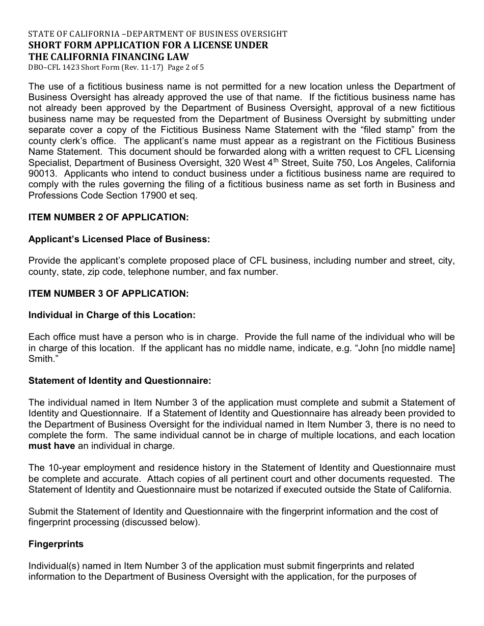 Form DBO-CFL1423 Short Form Application for a License Under the California Financing Law - California, Page 2