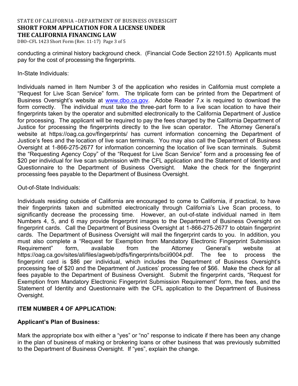 Form DBO-CFL1423 Short Form Application for a License Under the California Financing Law - California, Page 3