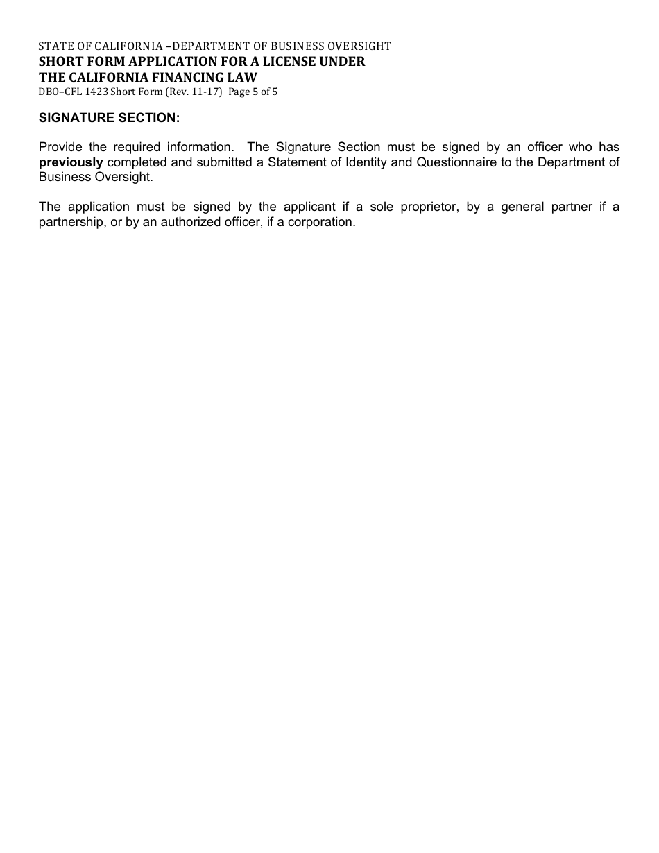 Form DBO-CFL1423 Short Form Application for a License Under the California Financing Law - California, Page 5
