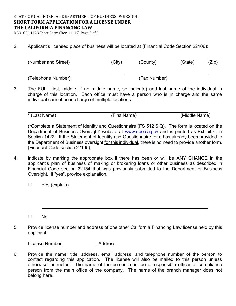 Form DBO-CFL1423 Short Form Application for a License Under the California Financing Law - California, Page 7