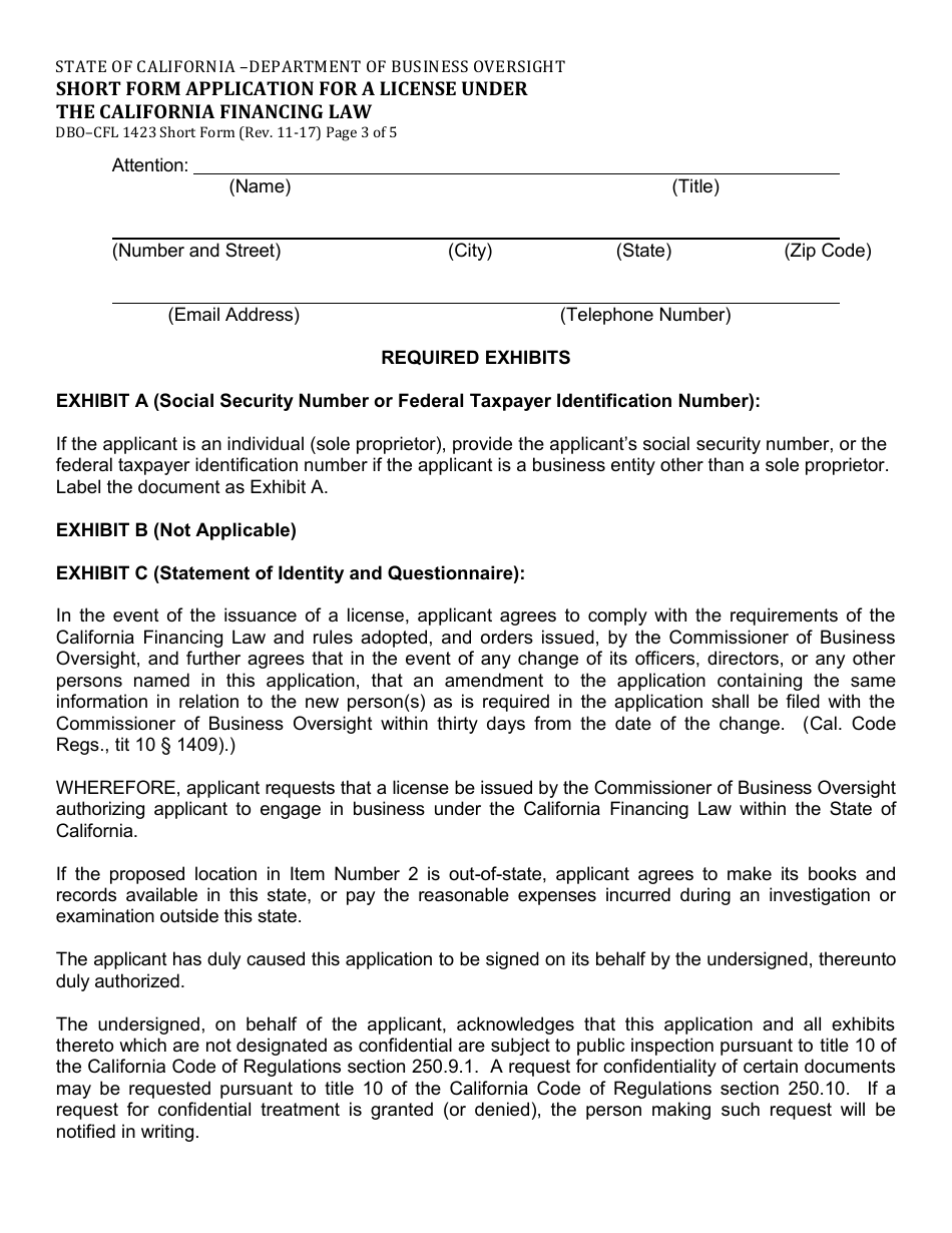 Form DBO-CFL1423 Short Form Application for a License Under the California Financing Law - California, Page 8