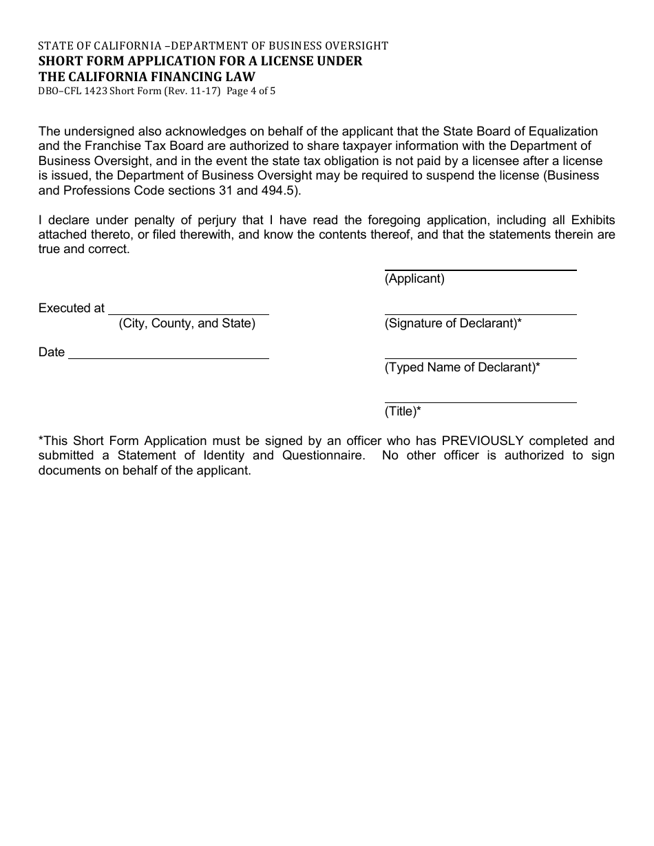 Form DBO-CFL1423 Short Form Application for a License Under the California Financing Law - California, Page 9