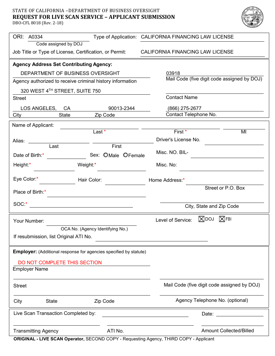 Form DBO-CFL8018 Request for Live Scan Service - Applicant Submission - California, Page 1