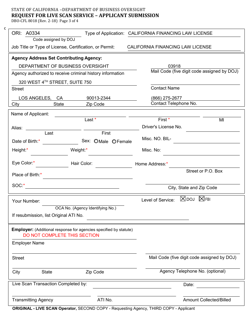 Form DBO-CFL8018 Request for Live Scan Service - Applicant Submission - California, Page 3