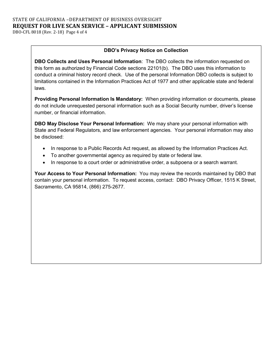 Form DBO-CFL8018 Request for Live Scan Service - Applicant Submission - California, Page 4