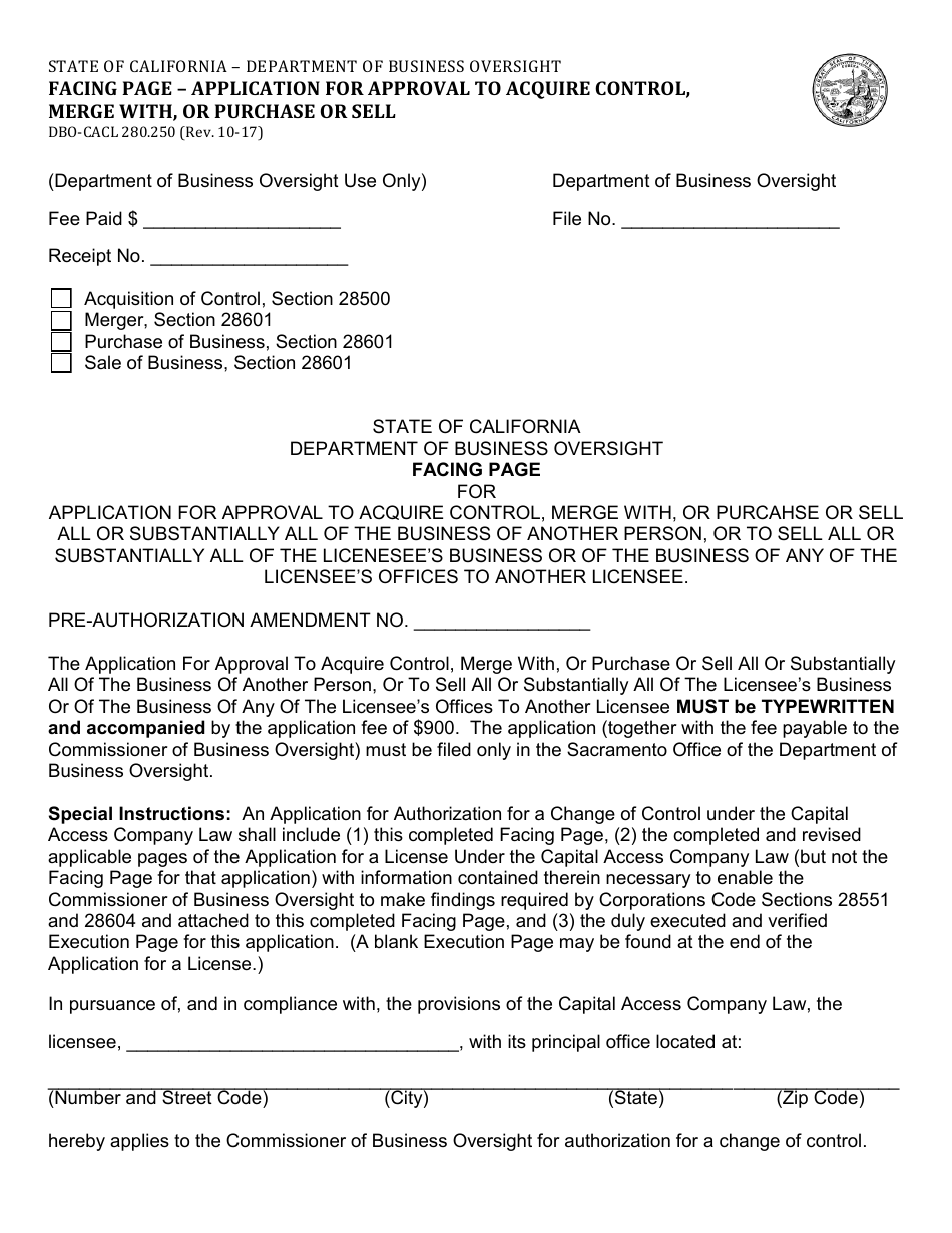 Form DBO-CACL280.250 Facing Page - Application for Approval to Acquire Control, Merge With, or Purchase or Sell - California, Page 1