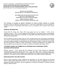 Document preview: Form DBO-CFL1602 Application for the Pilot Program for Increased Access to Responsible Small Dollar Loans - California