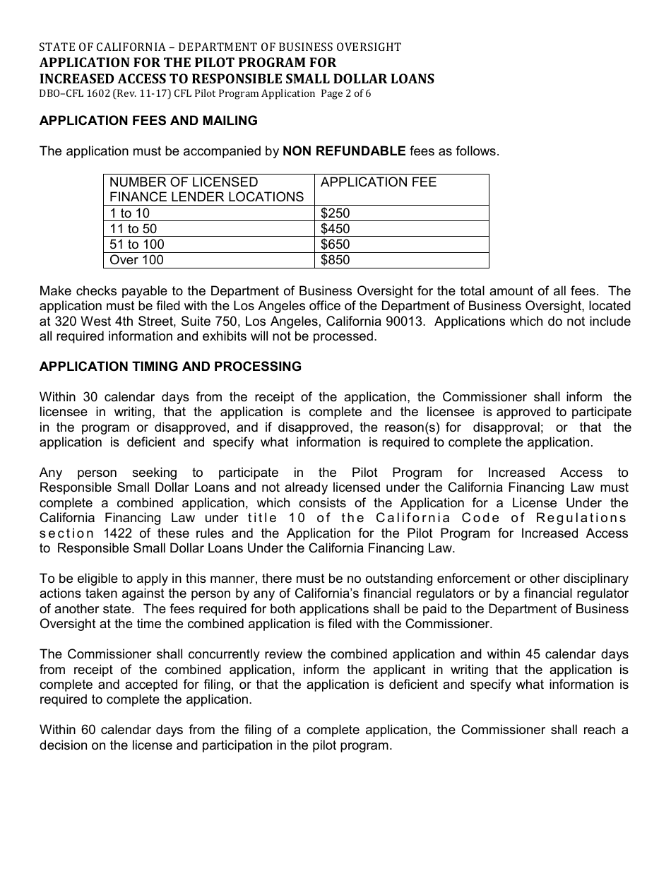 Form DBO-CFL1602 Application for the Pilot Program for Increased Access to Responsible Small Dollar Loans - California, Page 2
