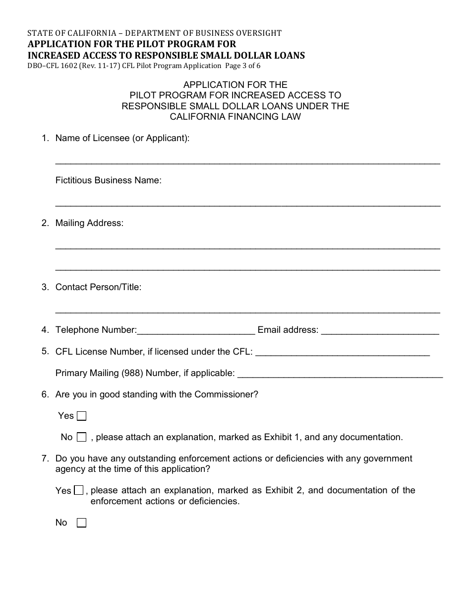 Form DBO-CFL1602 Application for the Pilot Program for Increased Access to Responsible Small Dollar Loans - California, Page 3