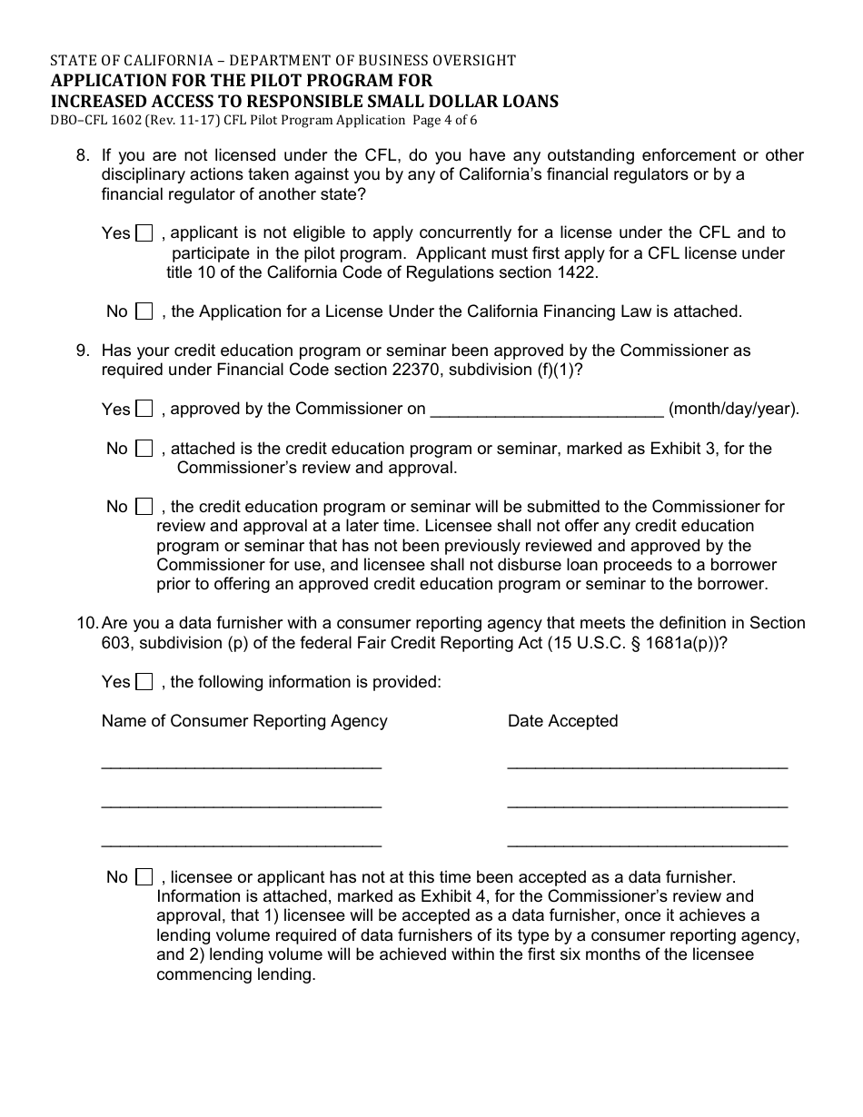 Form DBO-CFL1602 Application for the Pilot Program for Increased Access to Responsible Small Dollar Loans - California, Page 4