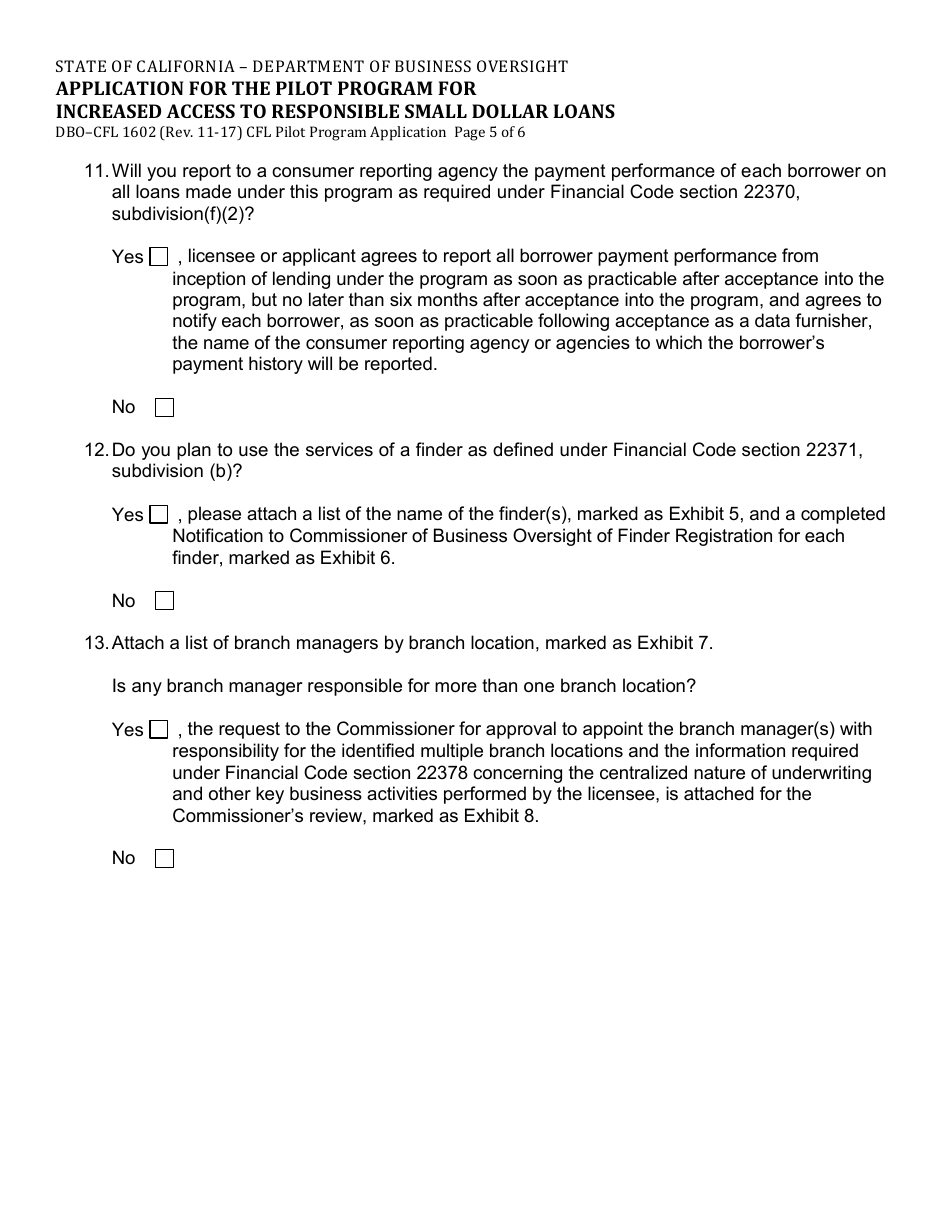 Form DBO-CFL1602 Application for the Pilot Program for Increased Access to Responsible Small Dollar Loans - California, Page 5