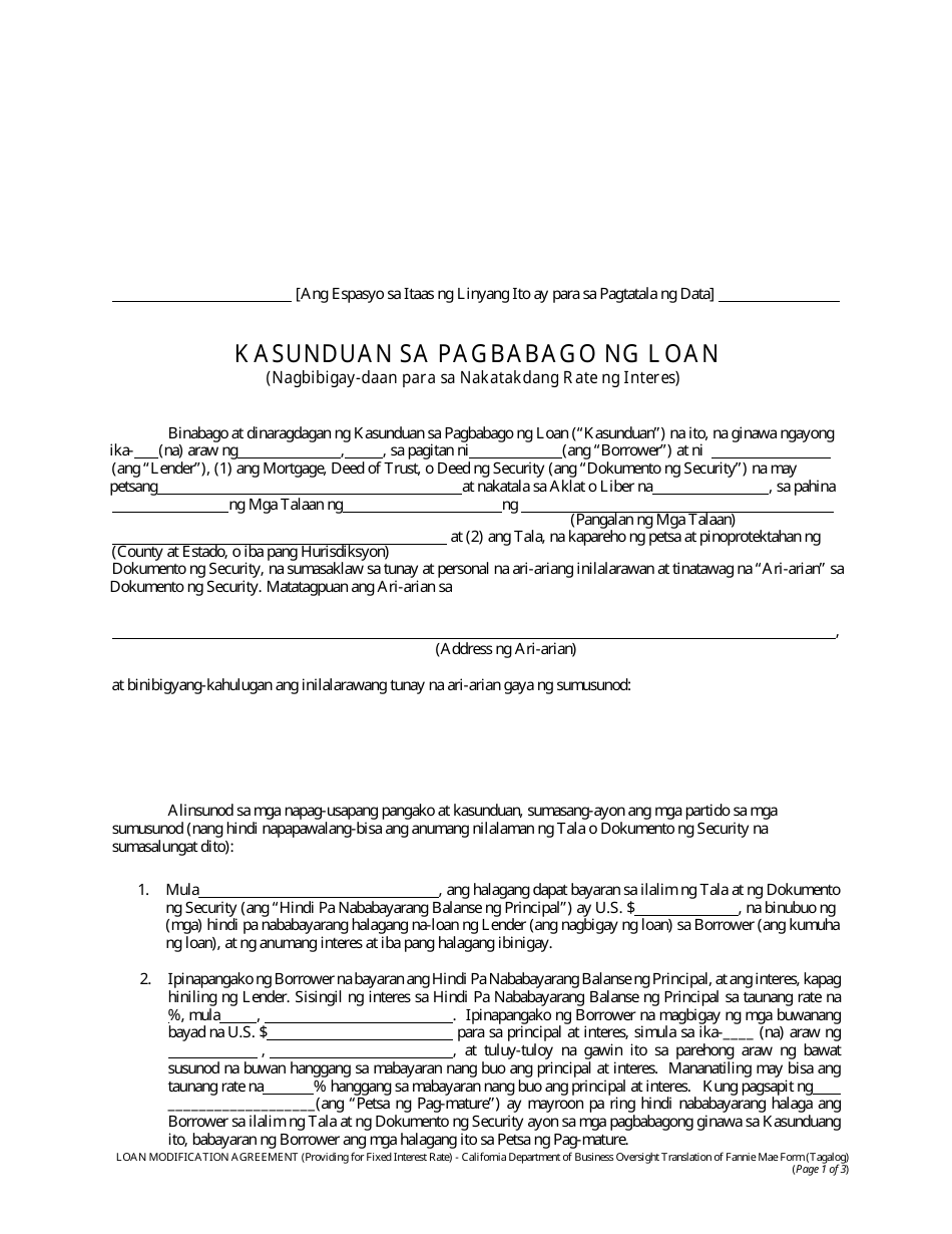 Loan Modification Agreement (Providing for Fixed Interest Rate) - California (Tagalog), Page 1