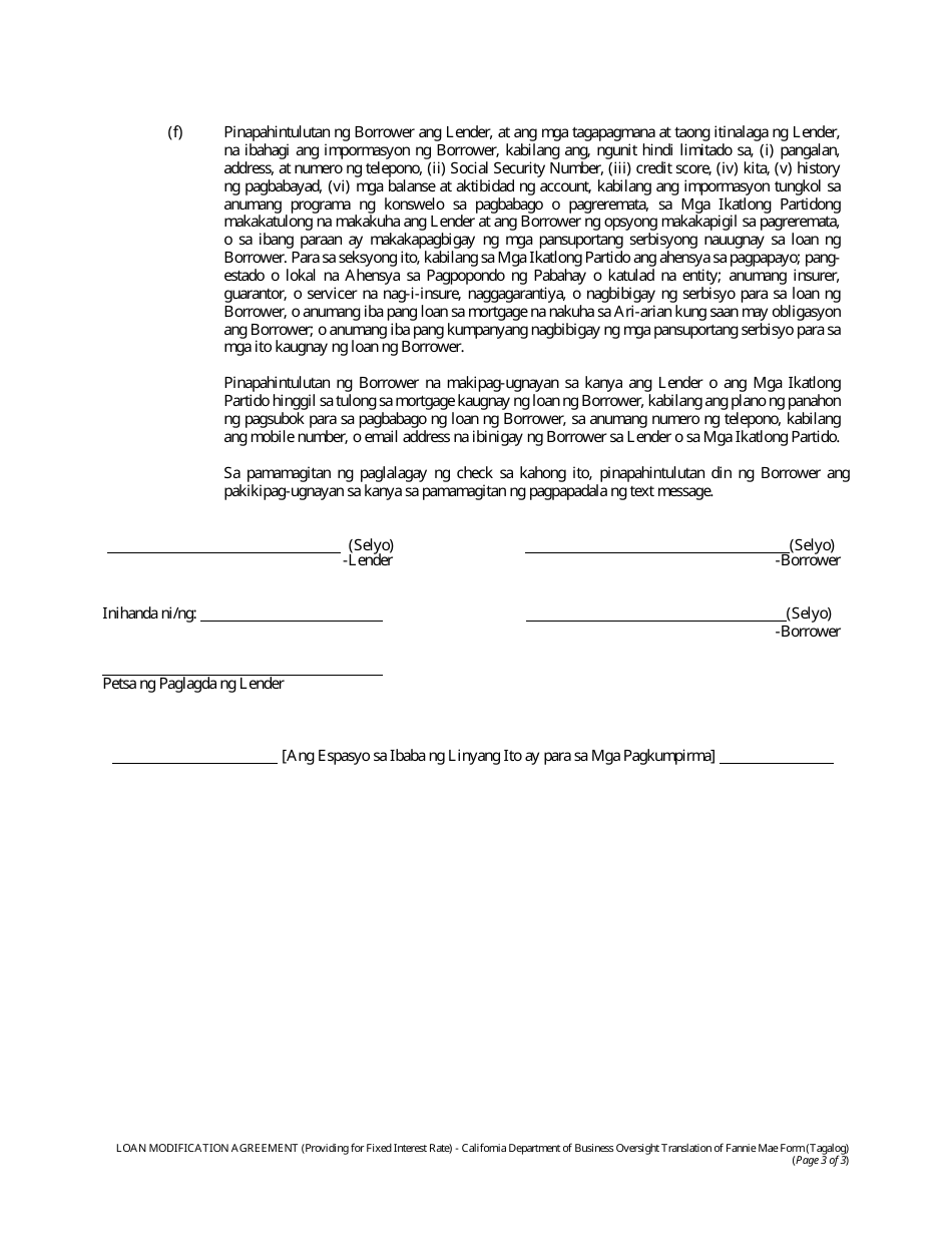 Loan Modification Agreement (Providing for Fixed Interest Rate) - California (Tagalog), Page 3