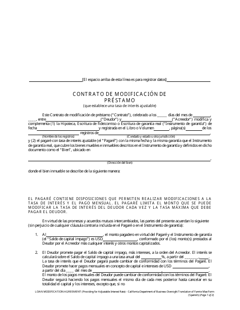 Formulario DBO-CRMLA8019 Contrato De Modificacion De Prestamo (Que Establece Una Tasa De Interes Ajustable) - California (Spanish)