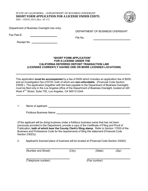 Form DBO-CDDTL2021 Short Form Application for a License Under Cddtl - California