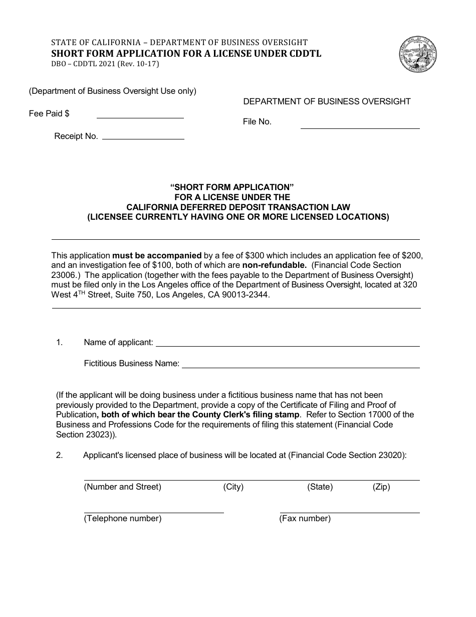 Form DBO-CDDTL2021 Short Form Application for a License Under Cddtl - California, Page 1