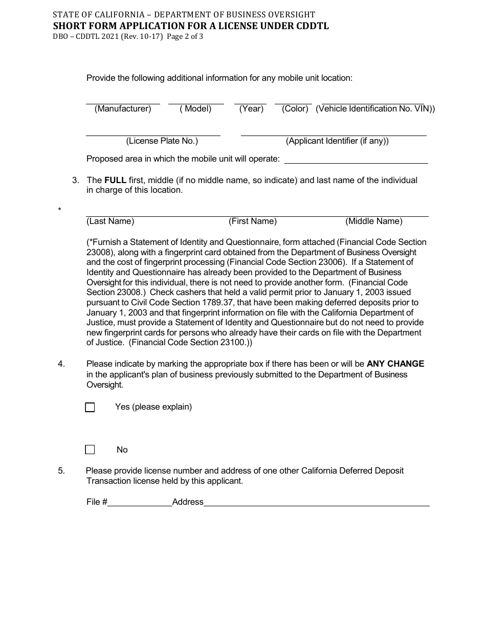Form DBO-CDDTL2021 Short Form Application for a License Under Cddtl - California, Page 2