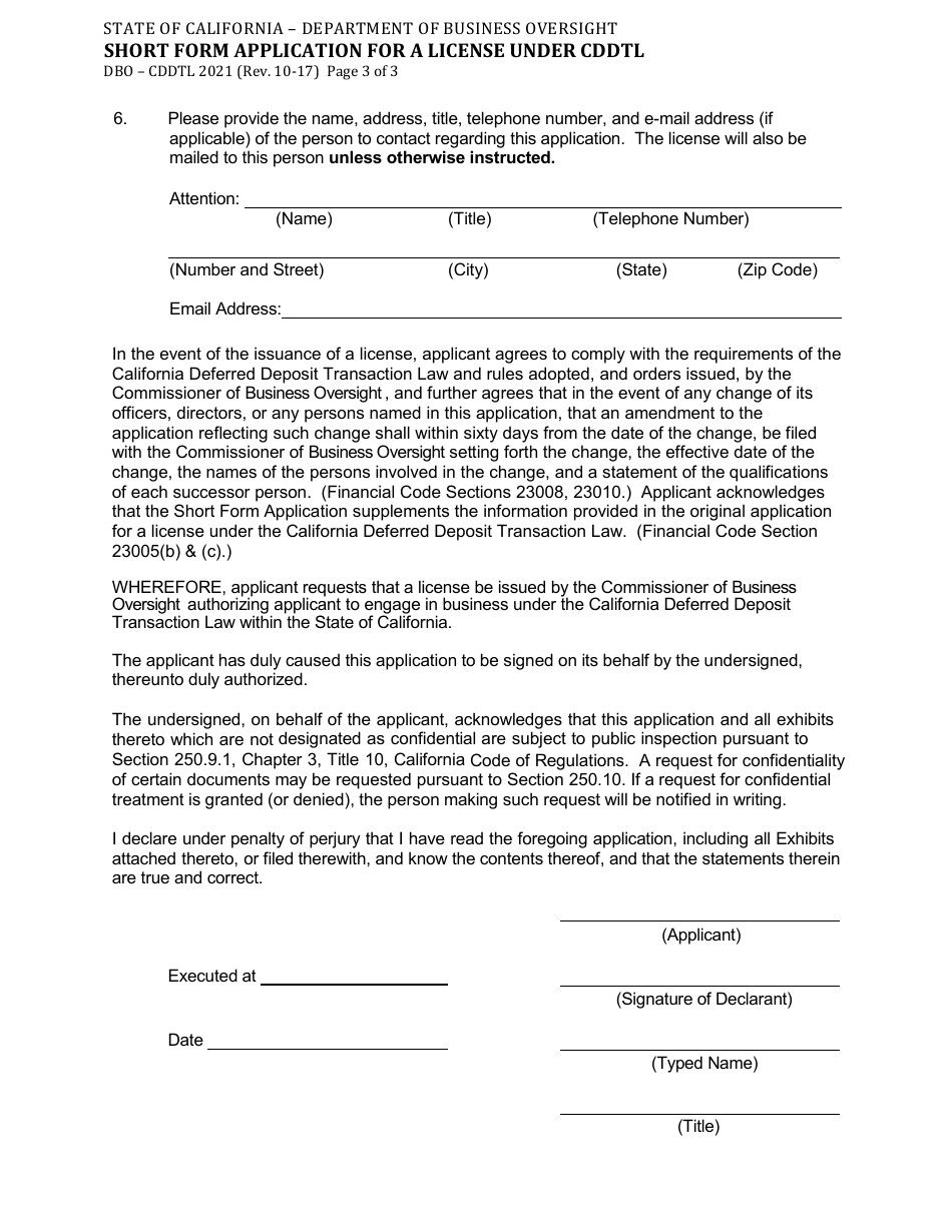 Form DBO-CDDTL2021 Short Form Application for a License Under Cddtl - California, Page 3