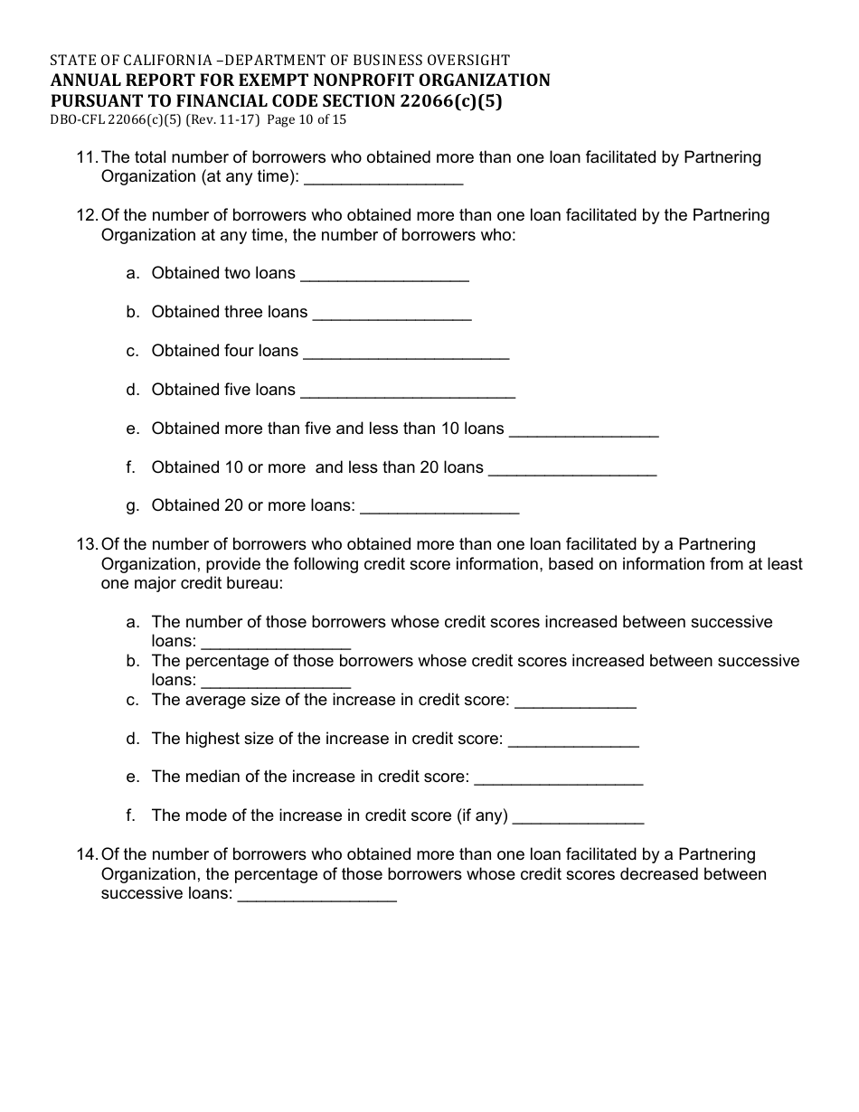 Form DBO-CFL22066(C)(5) Annual Report for Exempt Nonprofit Organization Pursuant to Financial Code Section 22066(C)(5) - California, Page 10