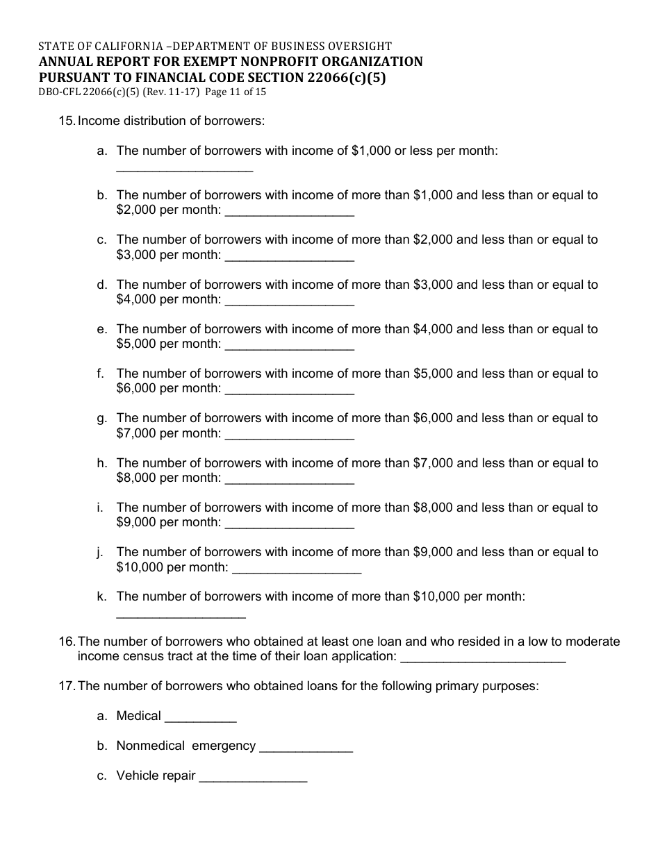 Form DBO-CFL22066(C)(5) Annual Report for Exempt Nonprofit Organization Pursuant to Financial Code Section 22066(C)(5) - California, Page 11