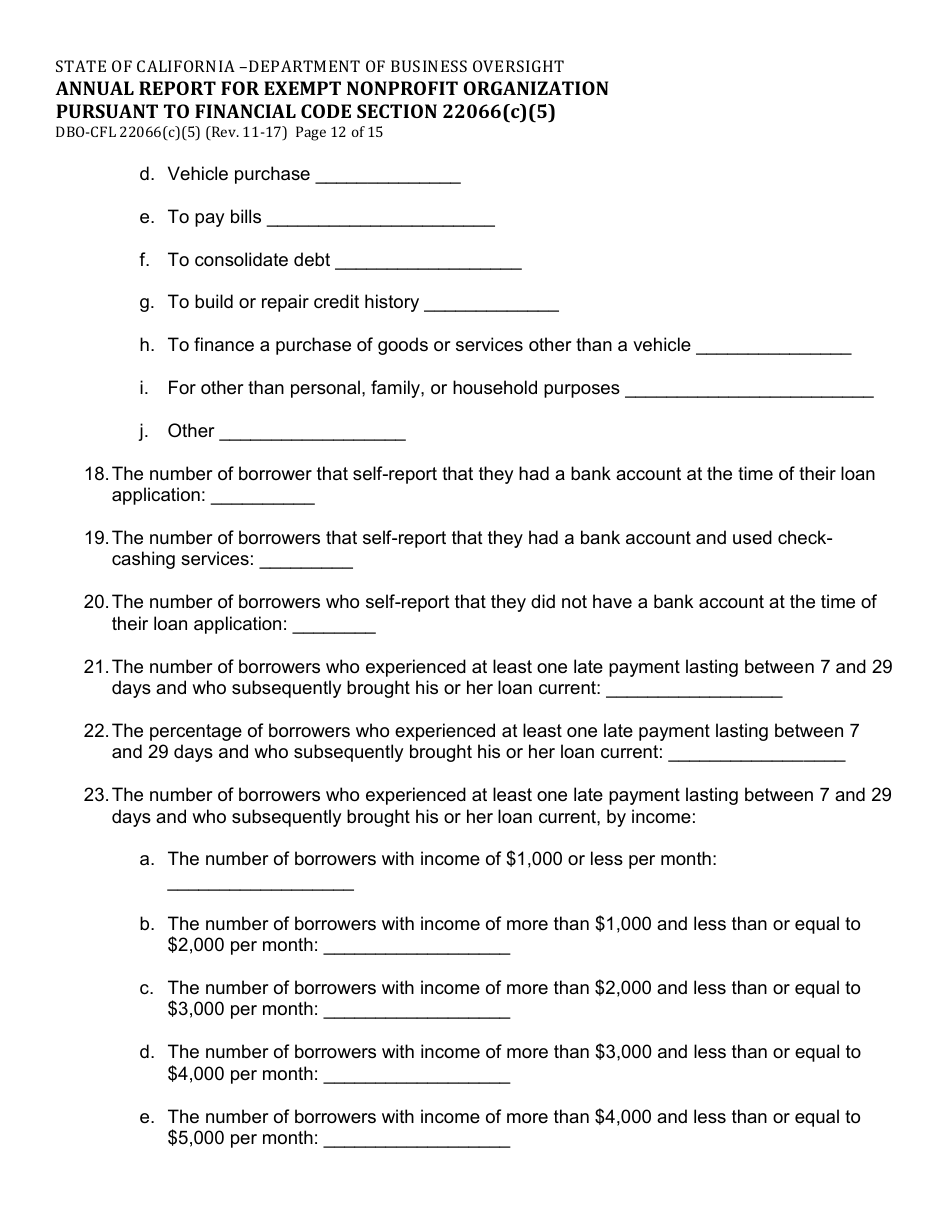 Form DBO-CFL22066(C)(5) Annual Report for Exempt Nonprofit Organization Pursuant to Financial Code Section 22066(C)(5) - California, Page 12