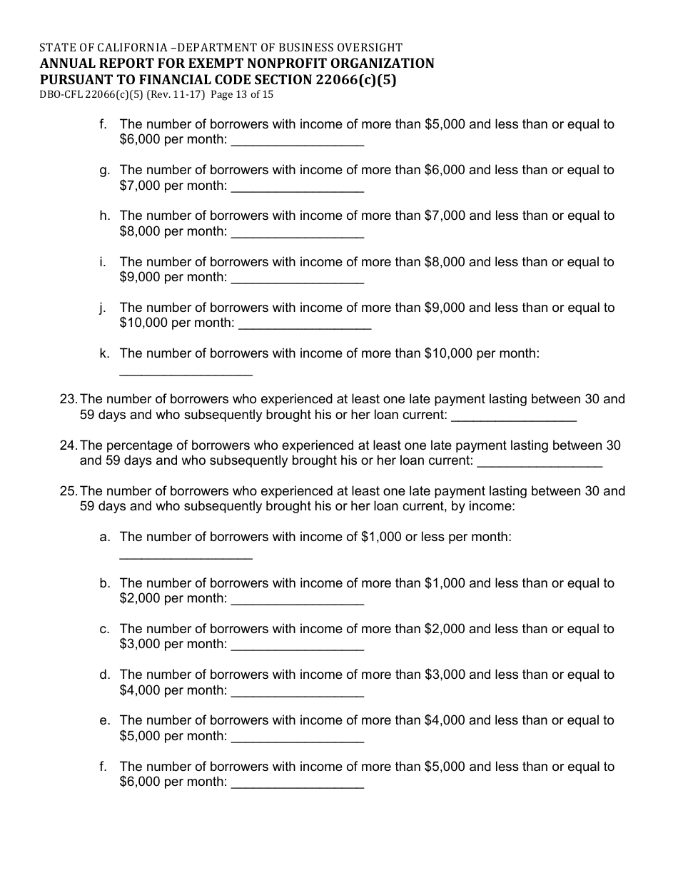 Form DBO-CFL22066(C)(5) Annual Report for Exempt Nonprofit Organization Pursuant to Financial Code Section 22066(C)(5) - California, Page 13