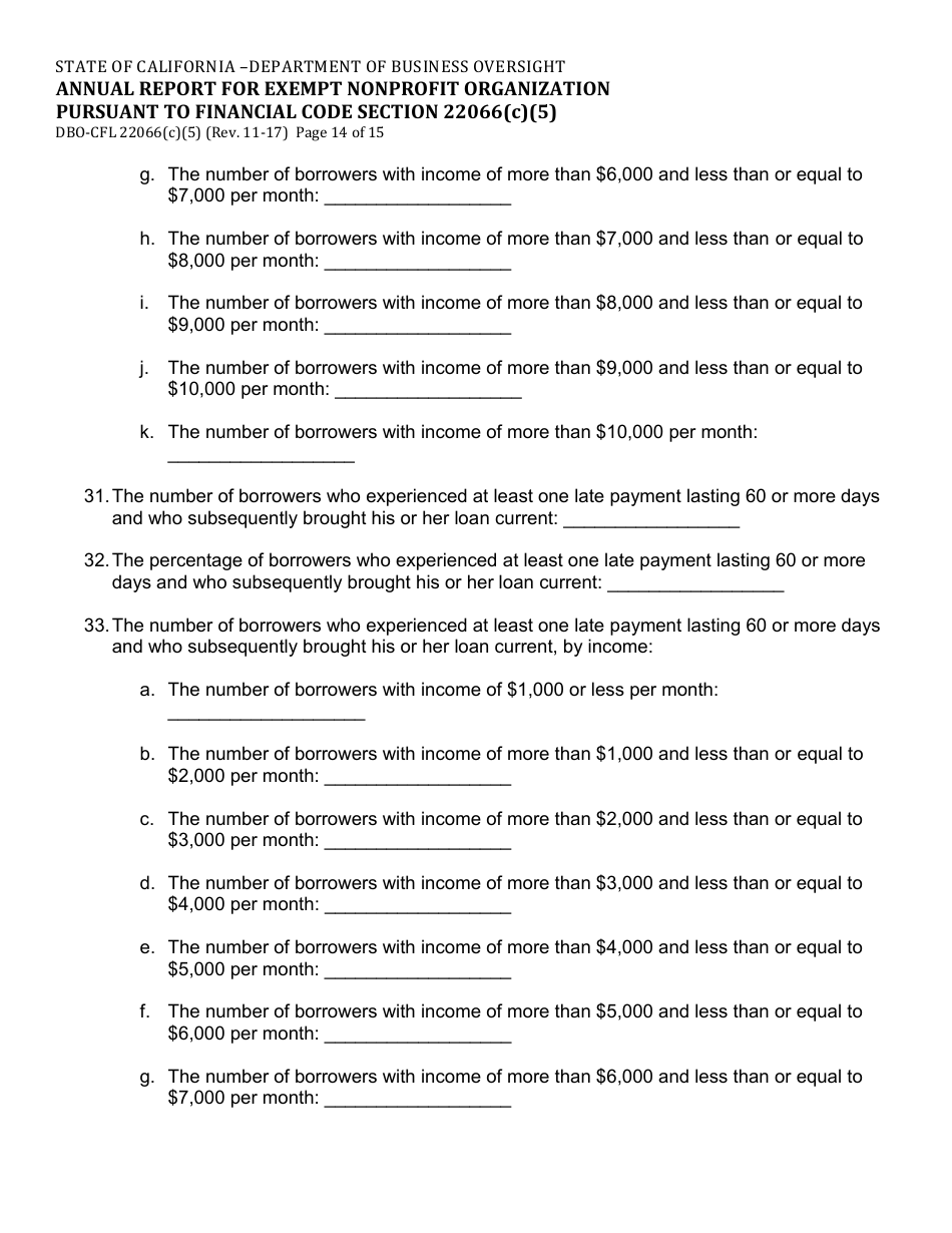 Form DBO-CFL22066(C)(5) Annual Report for Exempt Nonprofit Organization Pursuant to Financial Code Section 22066(C)(5) - California, Page 14