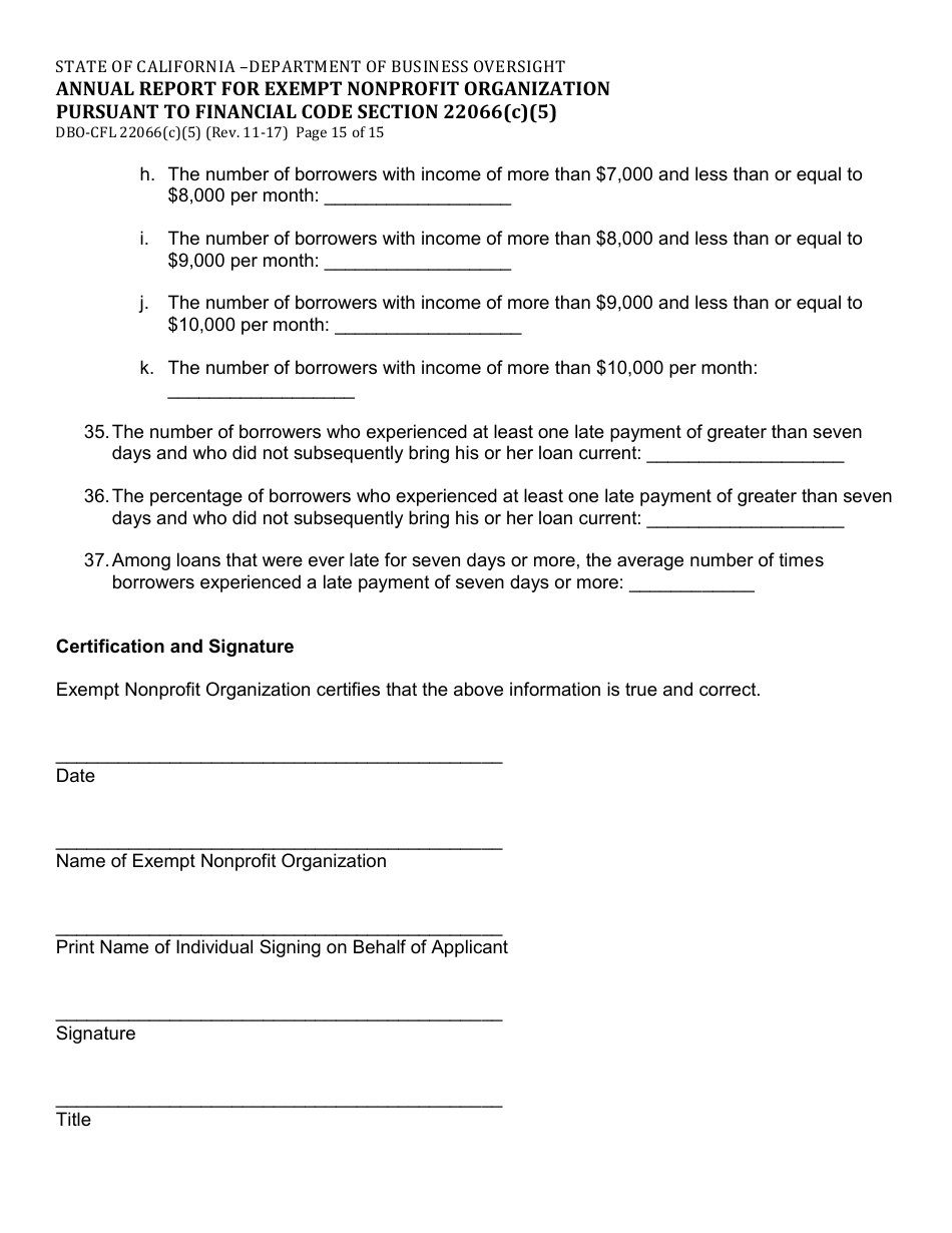 Form DBO-CFL22066(C)(5) Annual Report for Exempt Nonprofit Organization Pursuant to Financial Code Section 22066(C)(5) - California, Page 15
