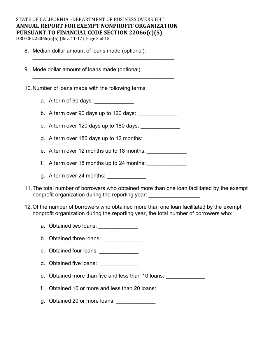 Form DBO-CFL22066(C)(5) Annual Report for Exempt Nonprofit Organization Pursuant to Financial Code Section 22066(C)(5) - California, Page 3