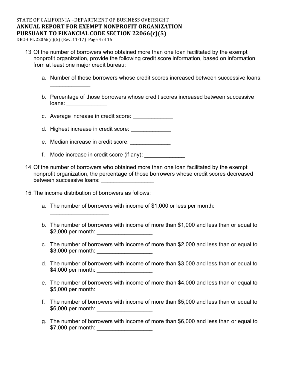Form DBO-CFL22066(C)(5) Annual Report for Exempt Nonprofit Organization Pursuant to Financial Code Section 22066(C)(5) - California, Page 4