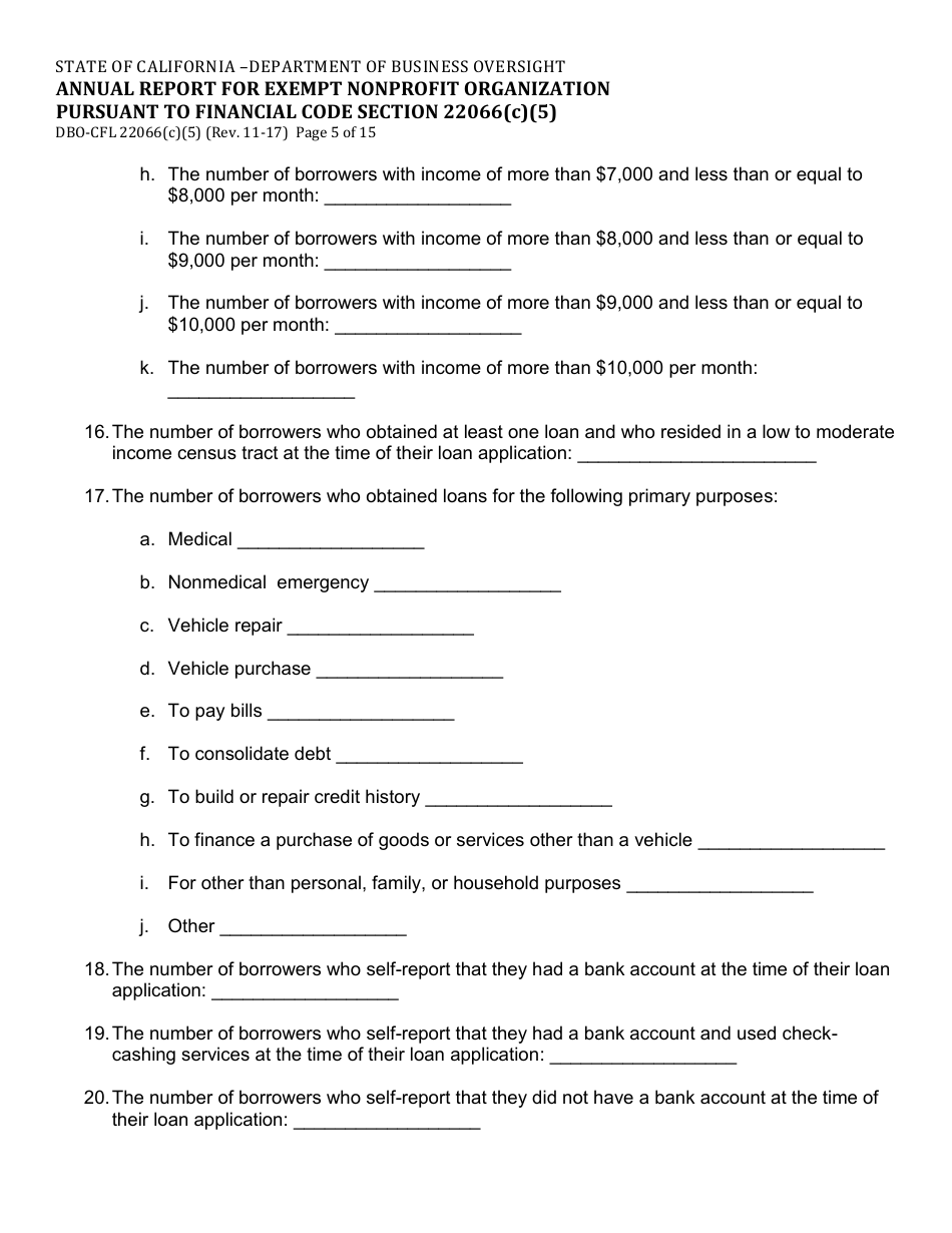 Form DBO-CFL22066(C)(5) Annual Report for Exempt Nonprofit Organization Pursuant to Financial Code Section 22066(C)(5) - California, Page 5