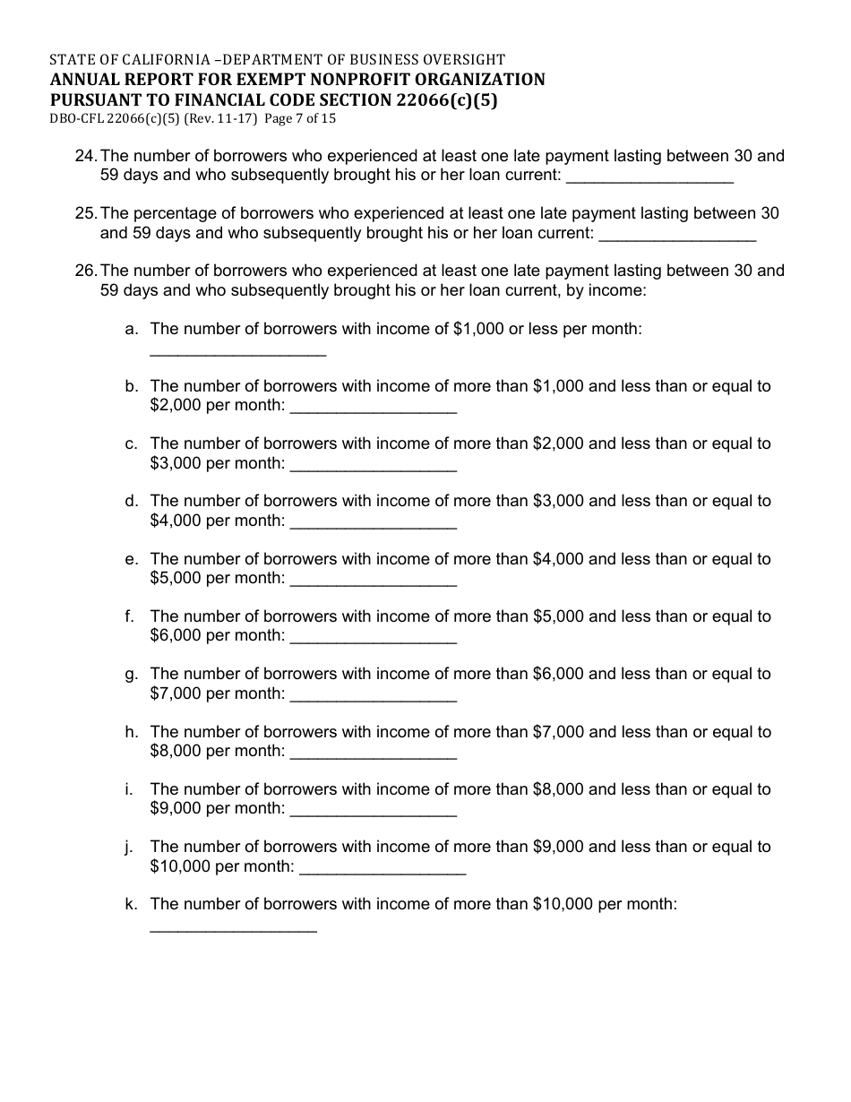 Form DBO-CFL22066(C)(5) Annual Report for Exempt Nonprofit Organization Pursuant to Financial Code Section 22066(C)(5) - California, Page 7