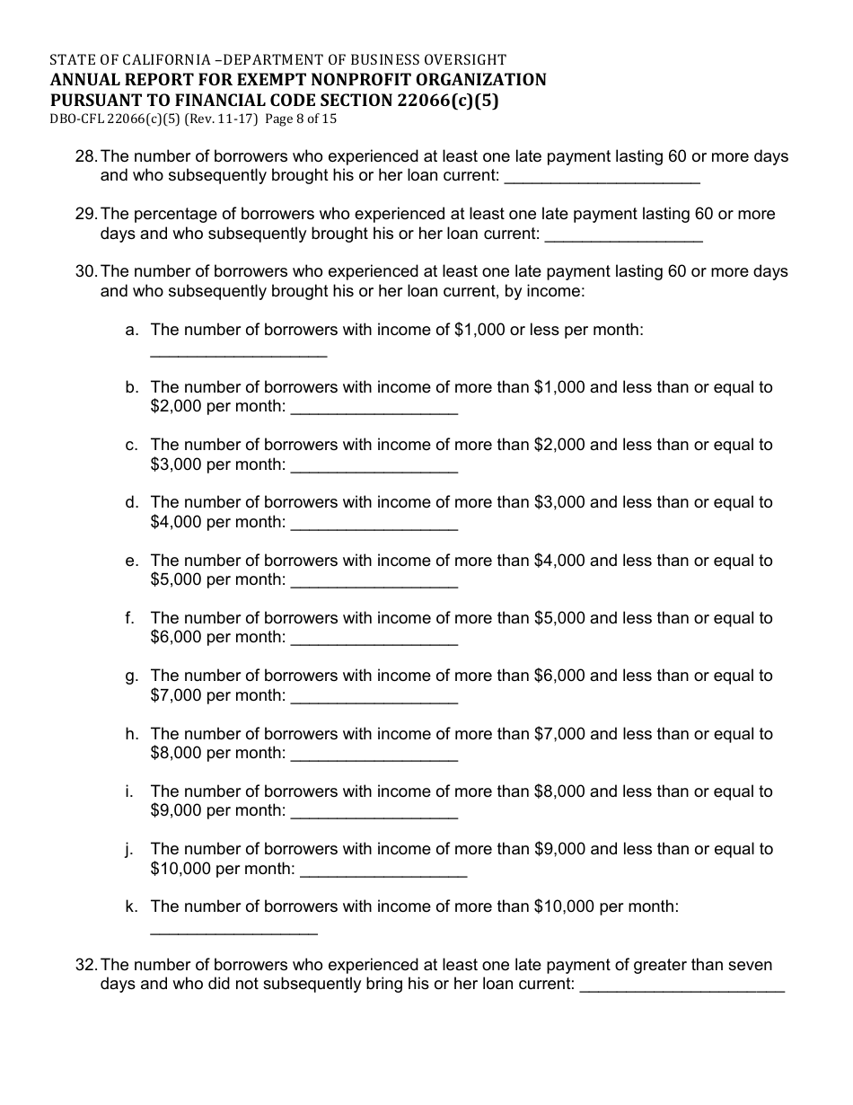 Form DBO-CFL22066(C)(5) Annual Report for Exempt Nonprofit Organization Pursuant to Financial Code Section 22066(C)(5) - California, Page 8